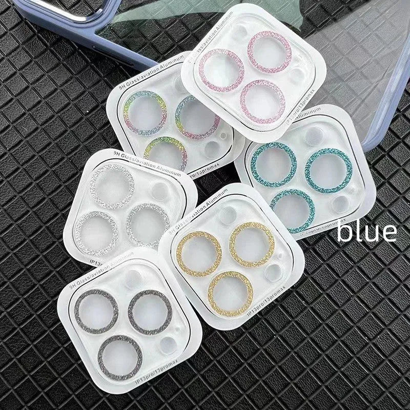 Integrated glitter tempered glass lens protector for Apple iPhone with rhinestone finish, available in multiple colours