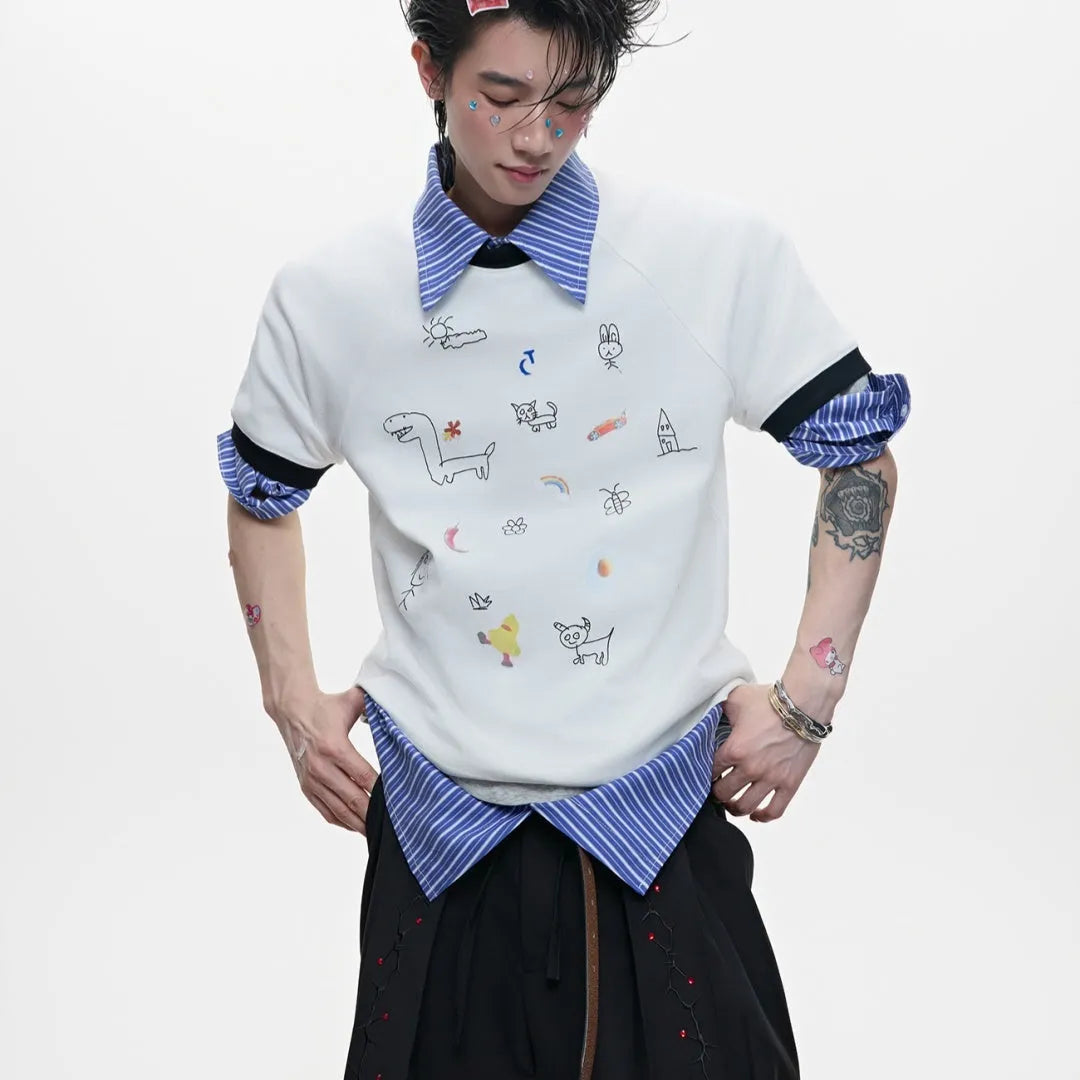 Men's blue loose fit short sleeve shirt with a cartoon print design on the front.