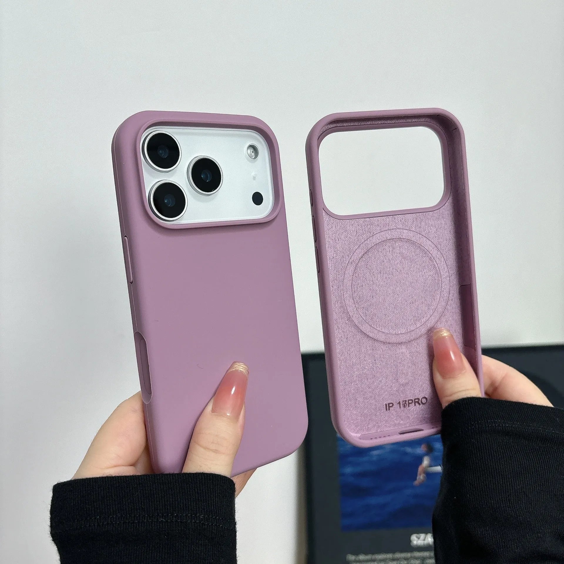 Liquid silicone magnetic charging case with AI button for Apple iPhone, shown in antique white colour