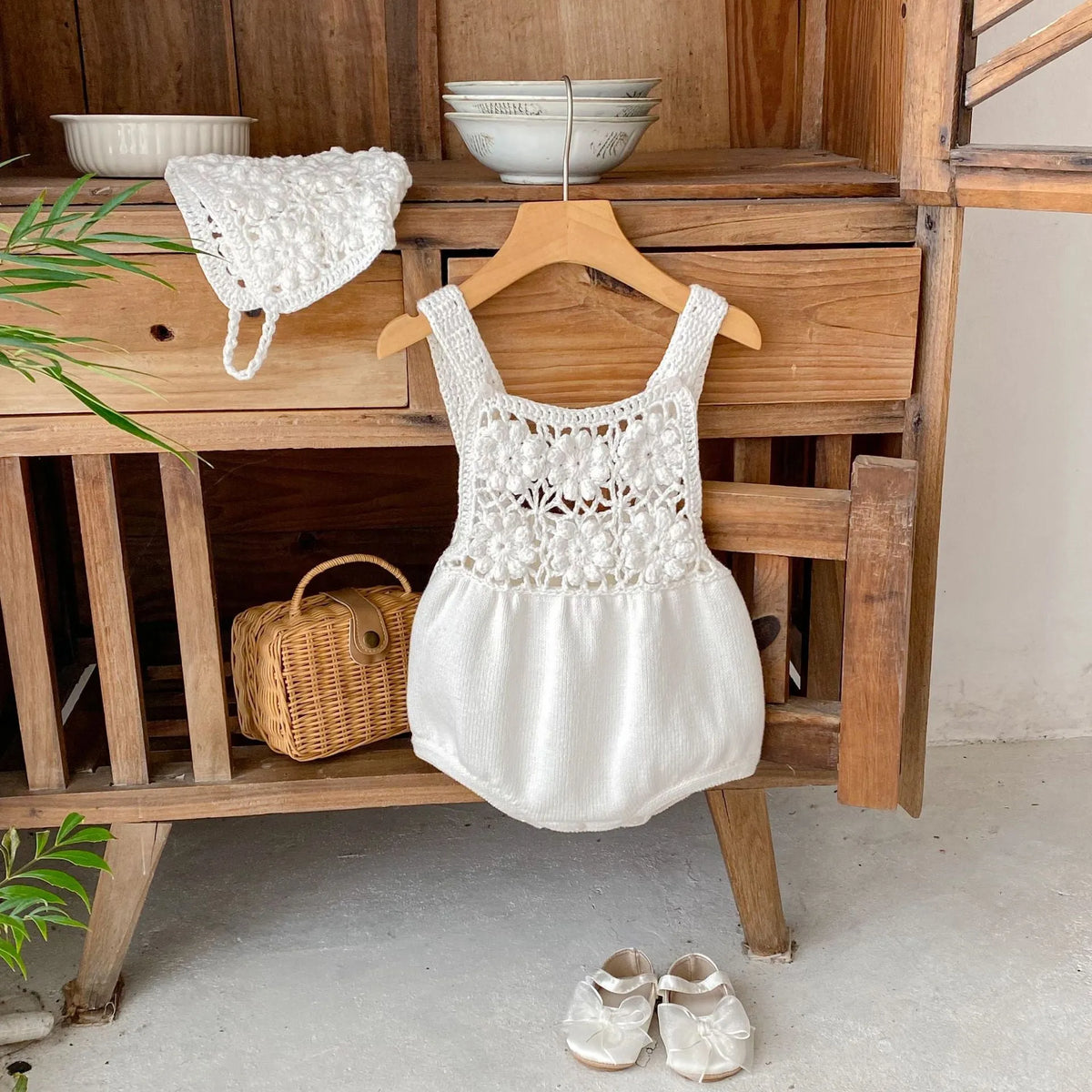 Beige cotton knitted baby romper with removable hood and matching hat, sleeveless triangle jumpsuit for girls