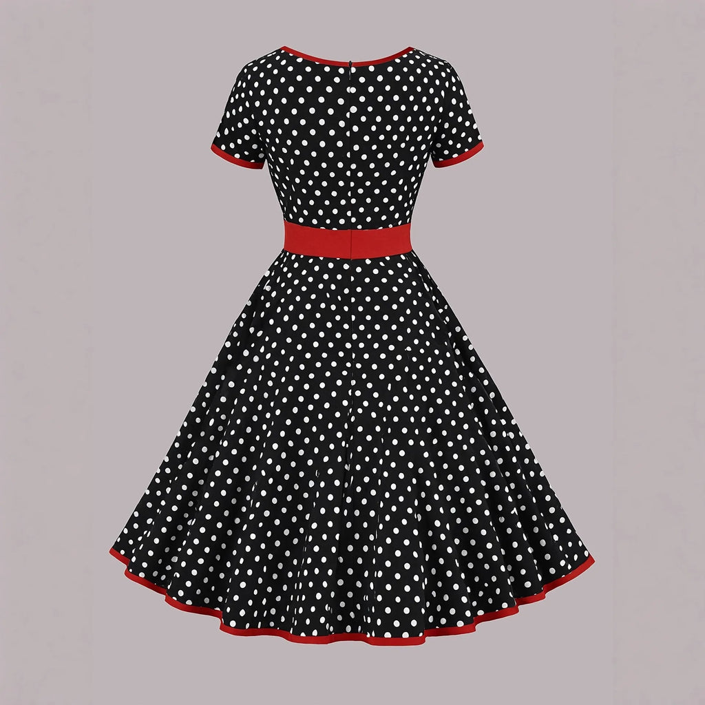 Women's multicolour polka dot midi dress with a square collar, short sleeves, and a front zipper.