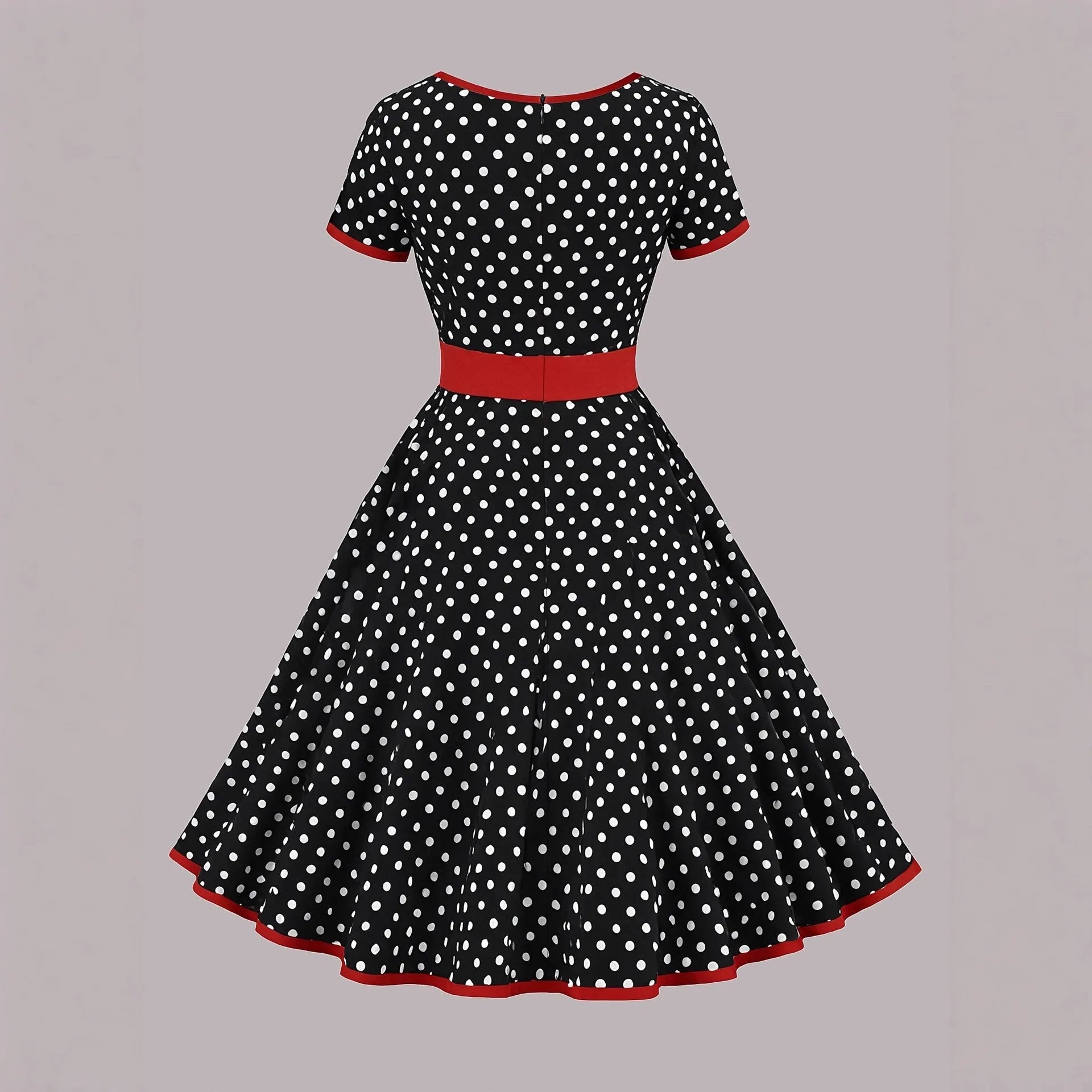 Women's multicolour polka dot midi dress with a square collar, short sleeves, and a front zipper.