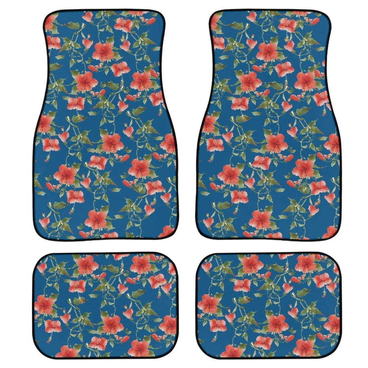 Black printed rubber car floor mats in a four-piece set for vehicles