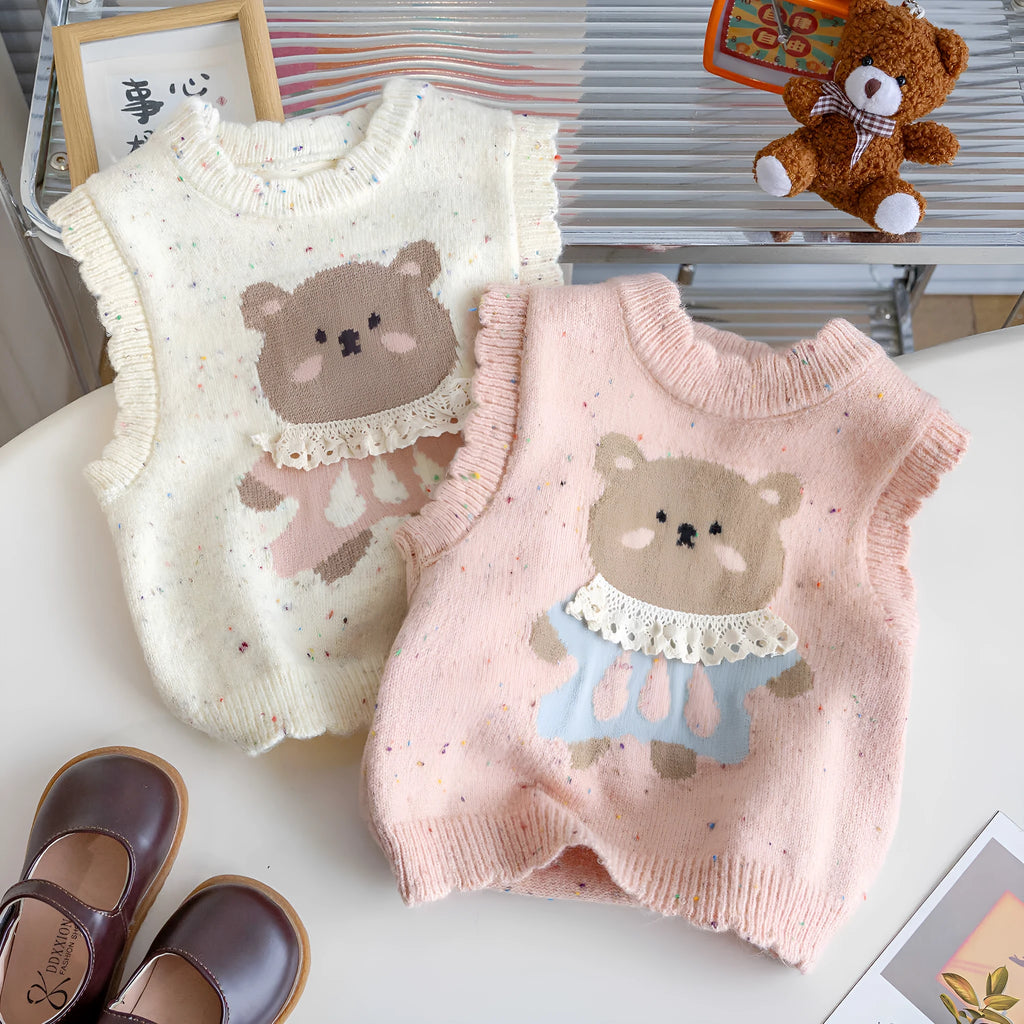 Girls cotton knitted vest with cartoon print in beige colour for toddlers