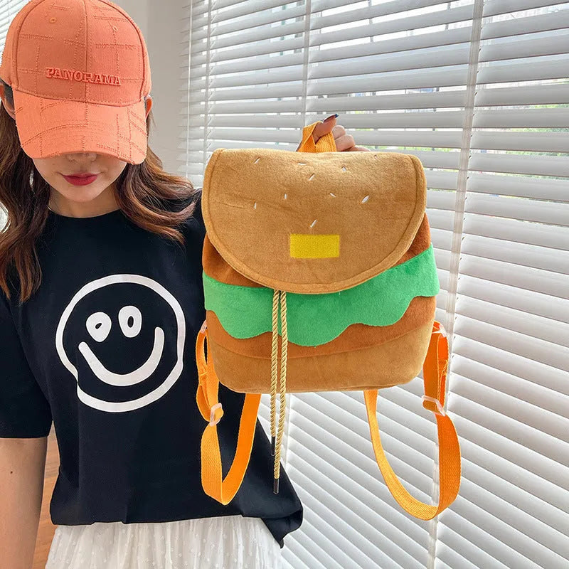 Cute hamburger plush backpack in soft velvet with drawstring closure, cartoon burger design