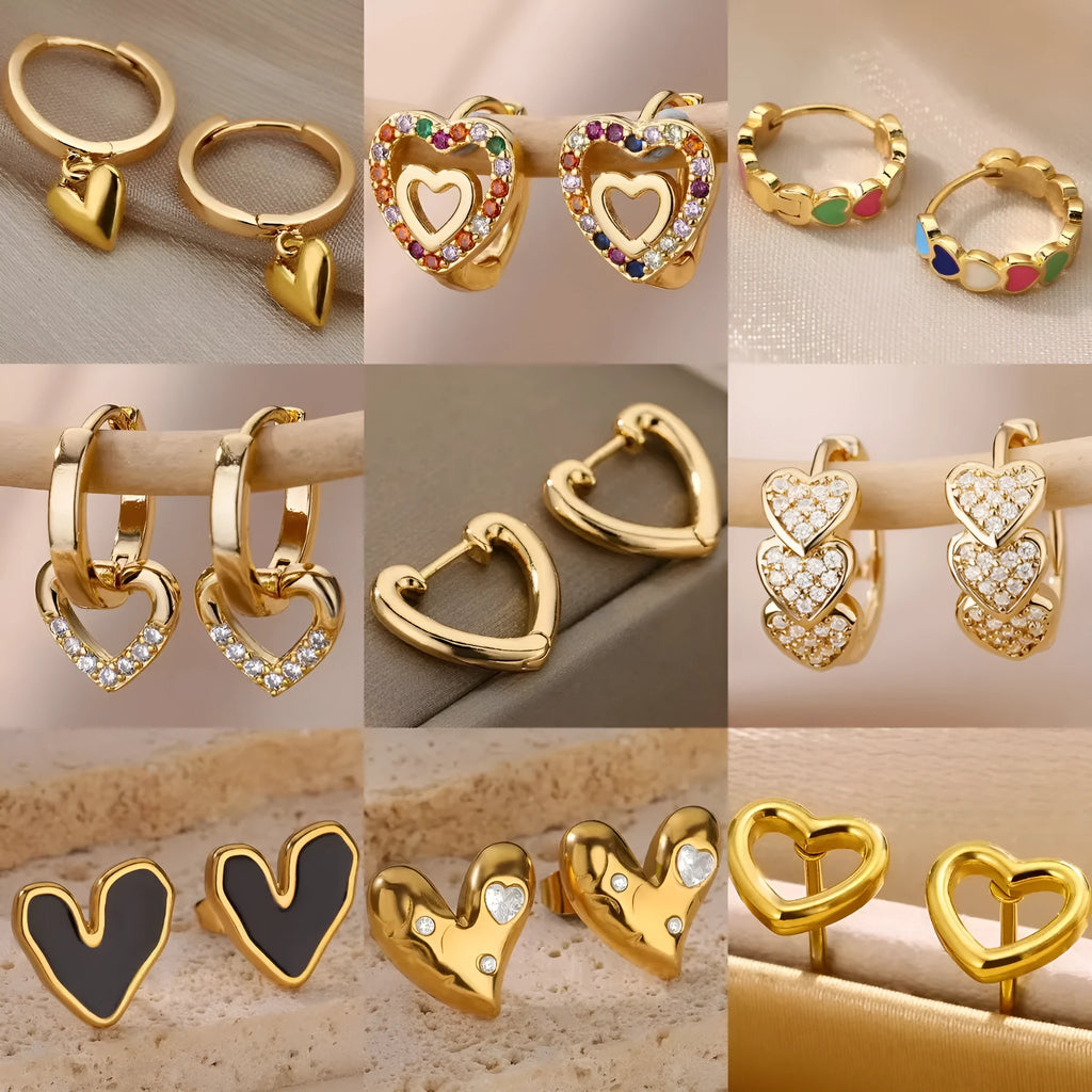 Women's stainless steel heart-shaped ear studs with titanium posts and gold-plated zircon accents