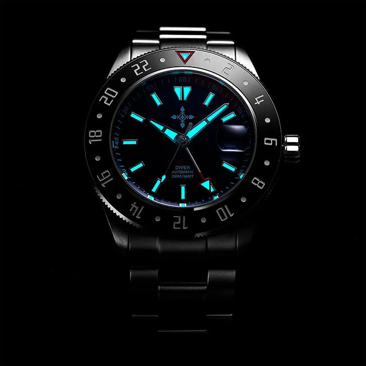 Men's GMT automatic diving watch, 42mm stainless steel case, black dial, 20ATM waterproof, sapphire glass, luminous hands