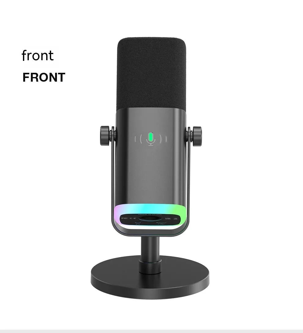 Dynamic noise reduction microphone in black, pink, or white with XLR cable and desk base.