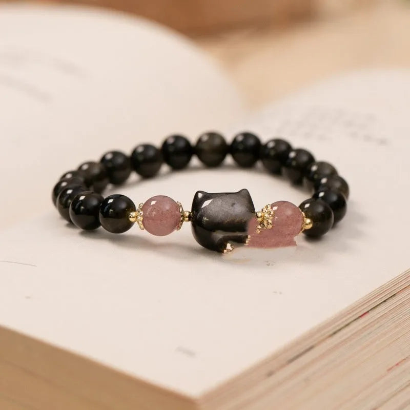 Black obsidian 8mm bead stretch bracelet with silver kitty charm accessory