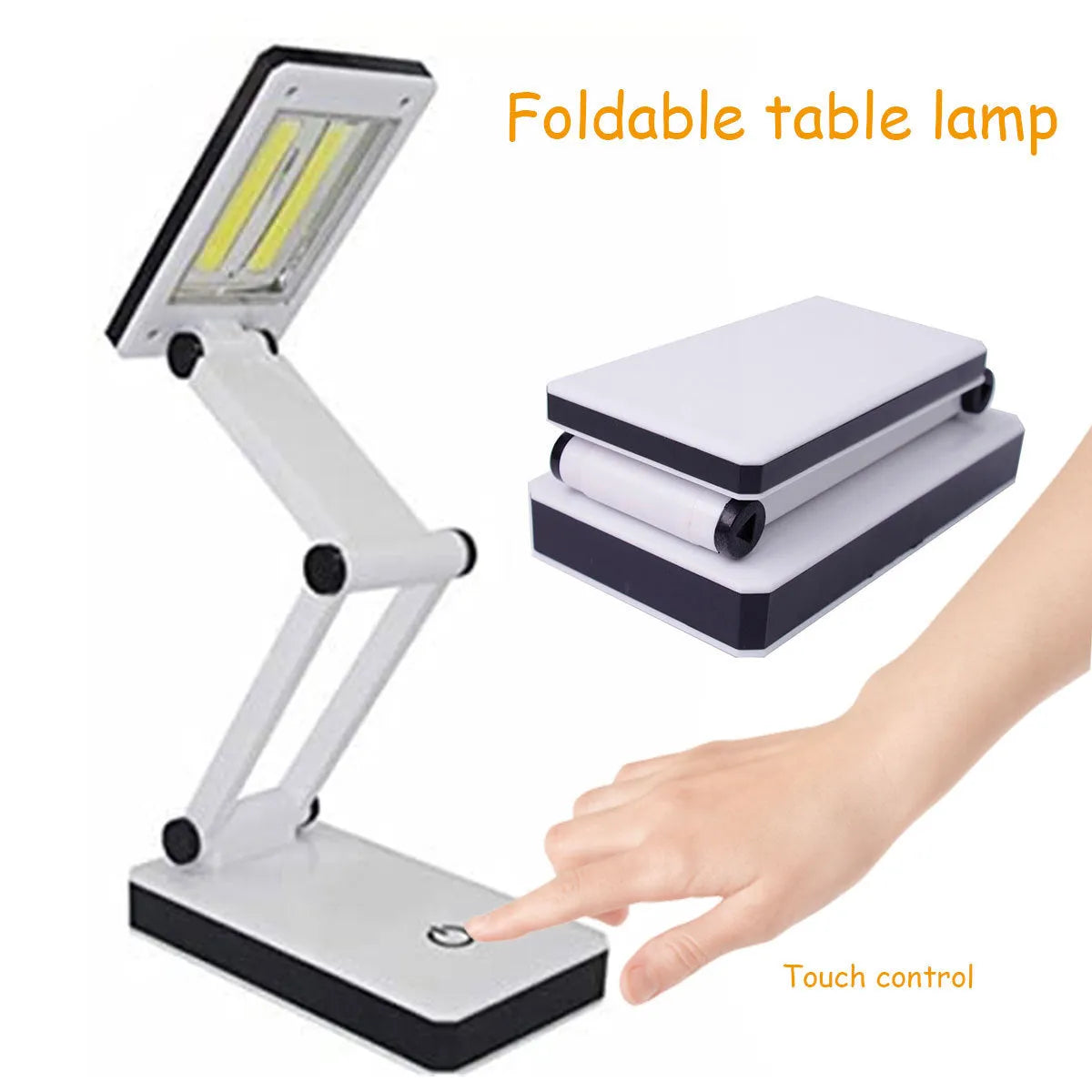 COB folding desk lamp in white with 3-speed touch dimming and USB cable, 13.3 x 7.2 x 28 cm