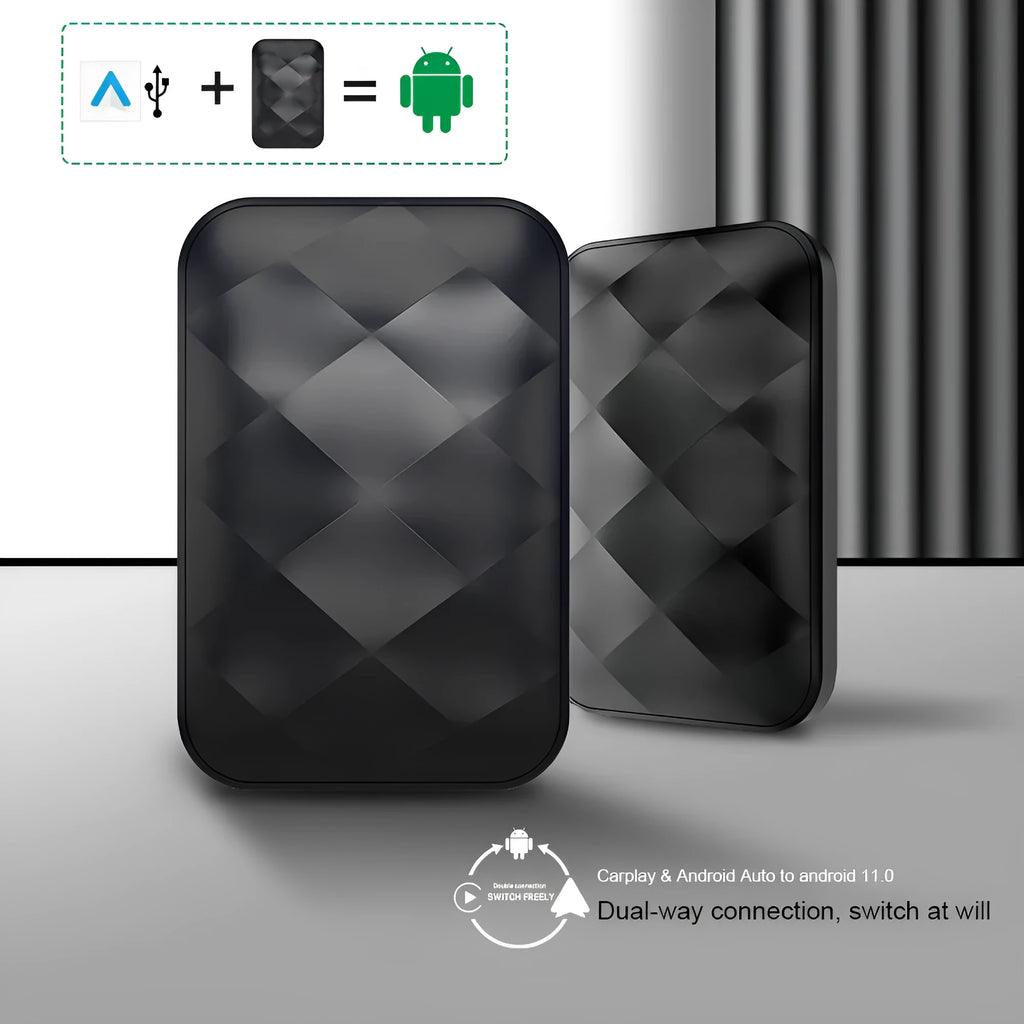 Android 11 wireless car smart box upgrade unit with ABS plastic casing showing dimensions