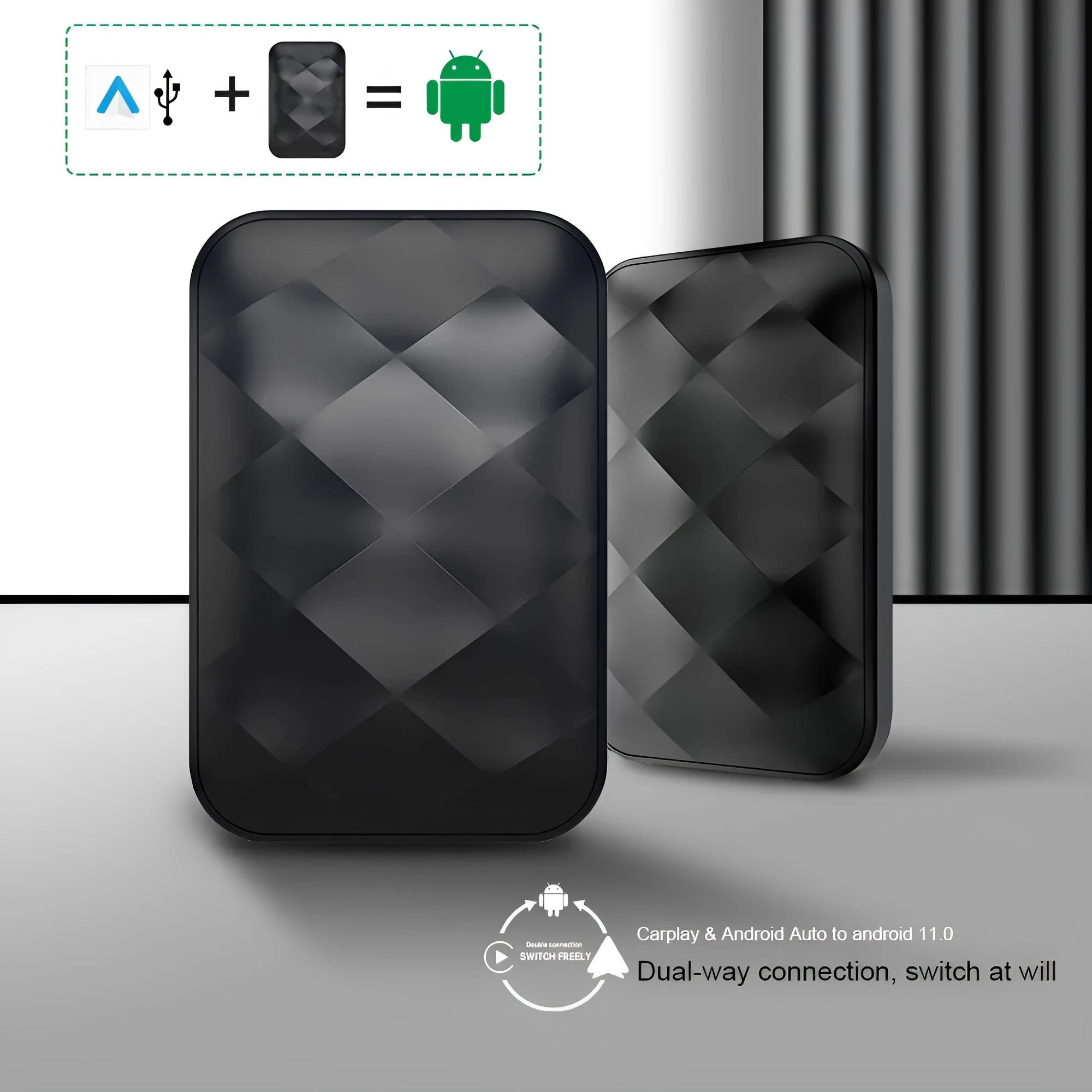 Android 11 wireless car smart box upgrade unit with ABS plastic casing showing dimensions