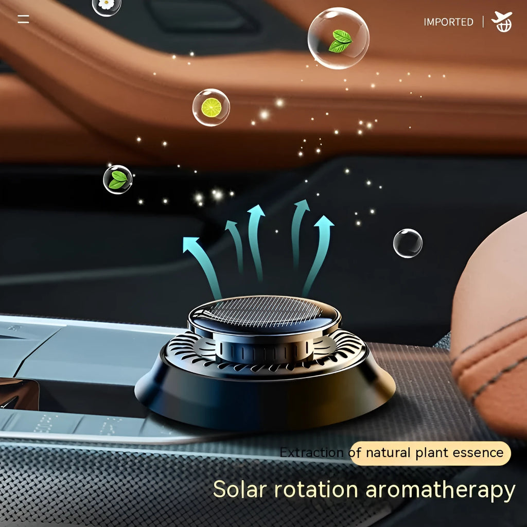 Black plastic solar car aromatherapy de-icing device measuring 84mm on vehicle dashboard