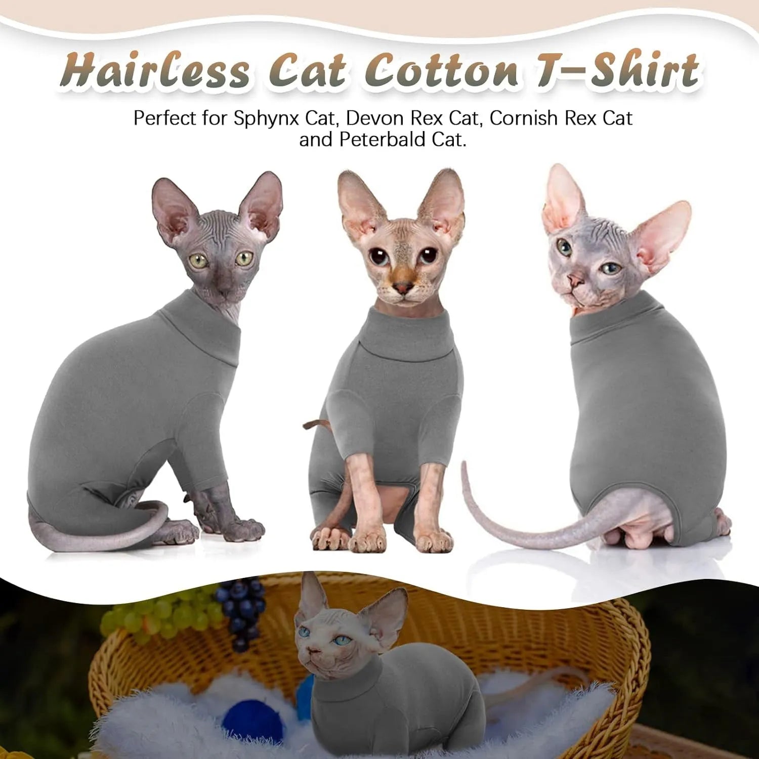 Grey faux fur turtleneck sweater on a hairless Sphynx cat, showing sleeves and leg openings.