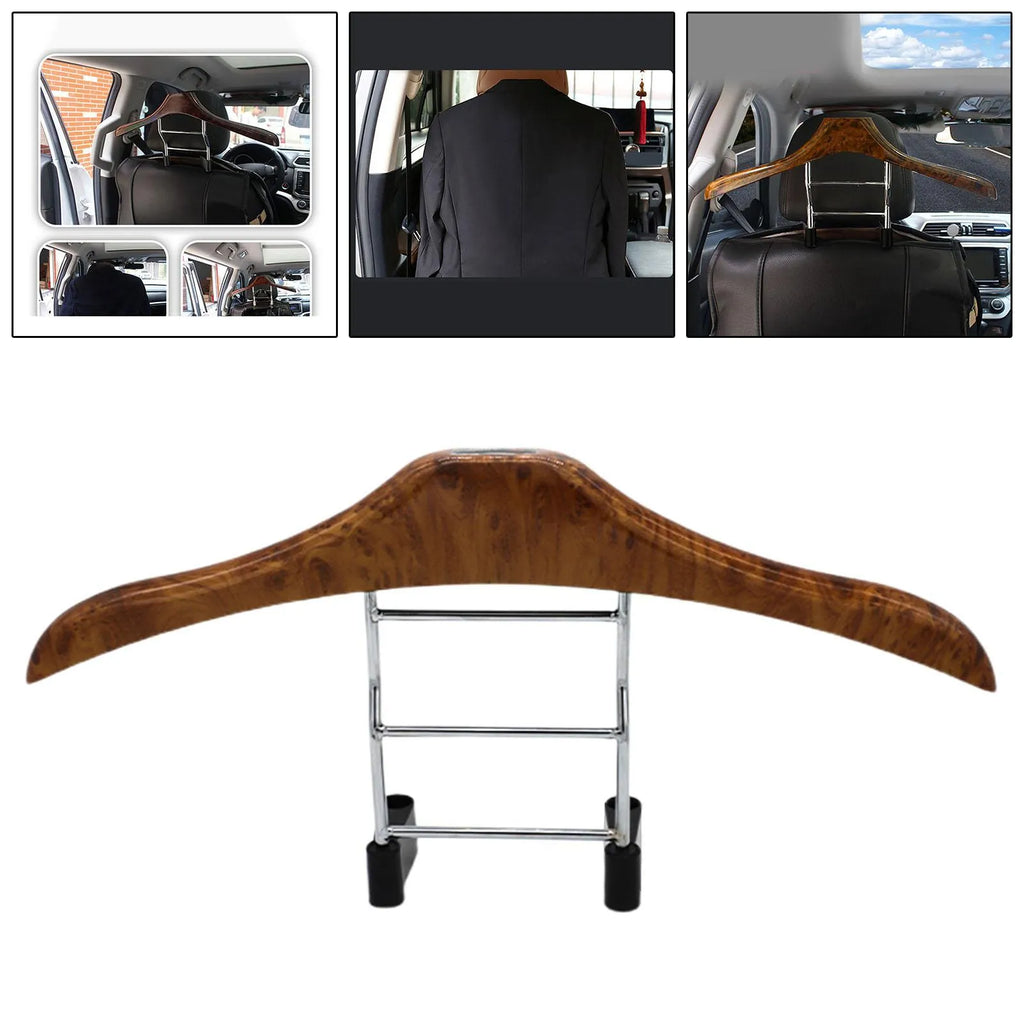 Wood yellow stainless steel and ABS car coat hanger for suits and shirts, shown detached.