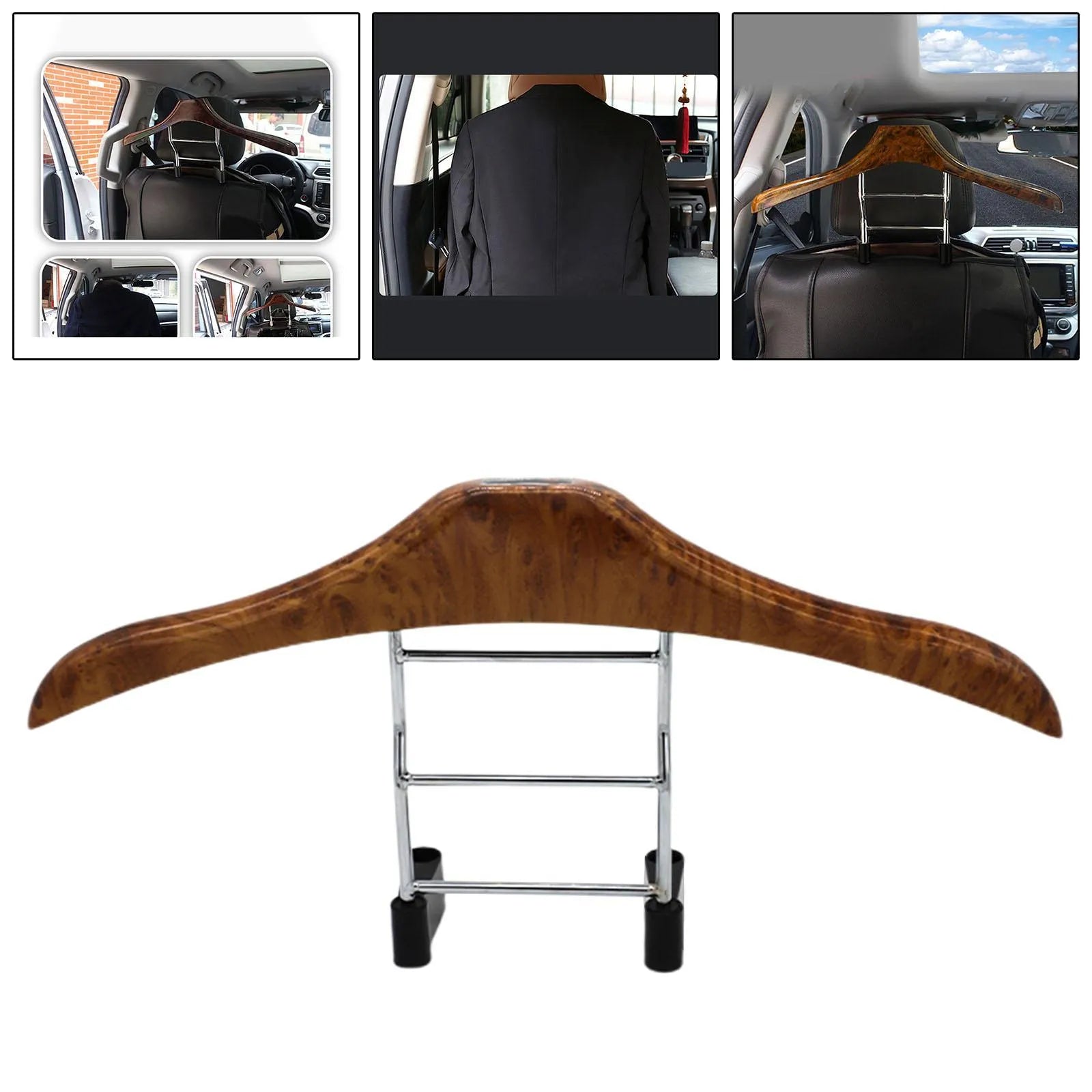 Wood yellow stainless steel and ABS car coat hanger for suits and shirts, shown detached.
