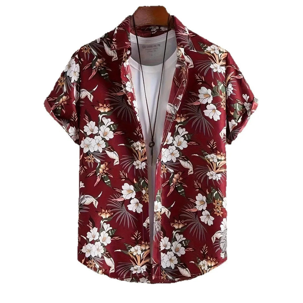 Men's 3D printed floral pattern short sleeve shirt in loose cardigan style with elastic polyester fabric