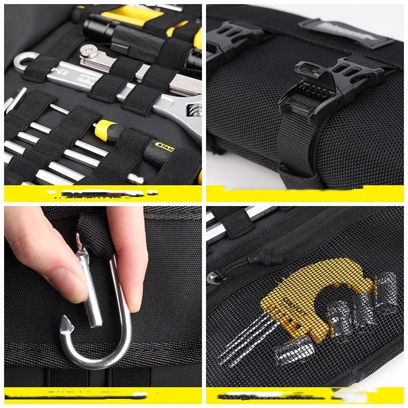 Motorcycle tool storage roll unfolded showing 8 elastic straps and mesh zipper pouch in black polyester fabric
