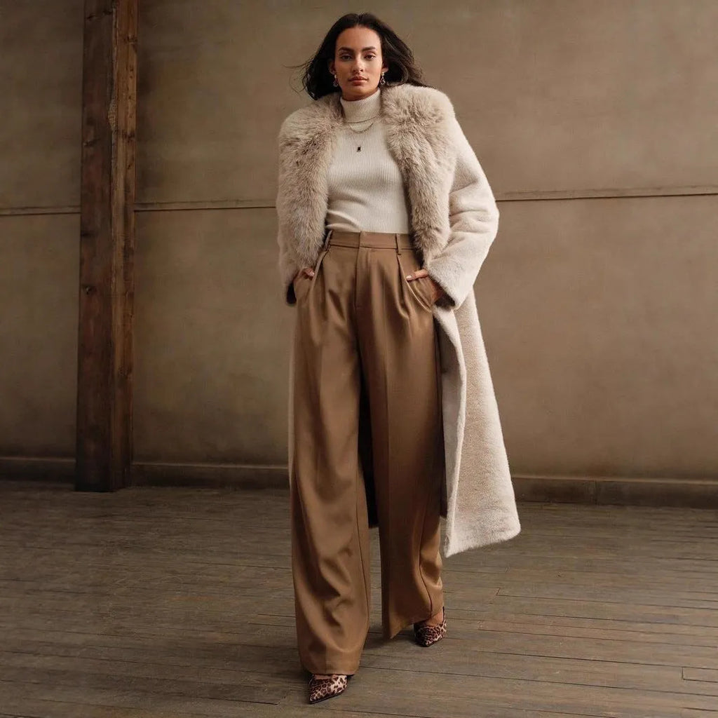 Women's lengthened faux fur coat in camel colour, showing regular sleeves and full-length design.
