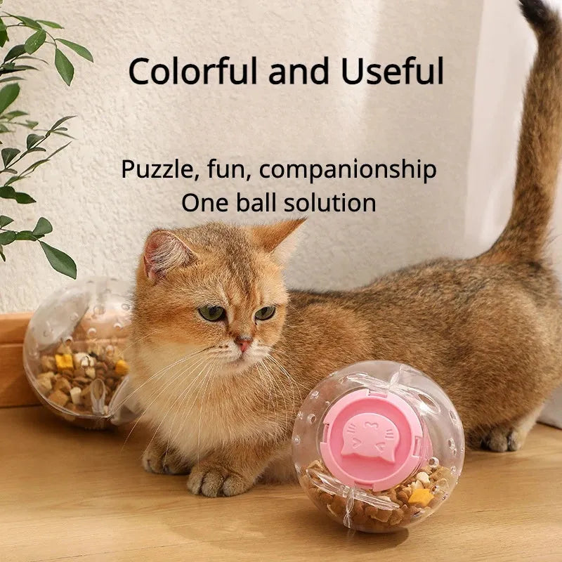 Blue pet slow feeder ball toy with food leakage holes on white background showing 11.5cm diameter