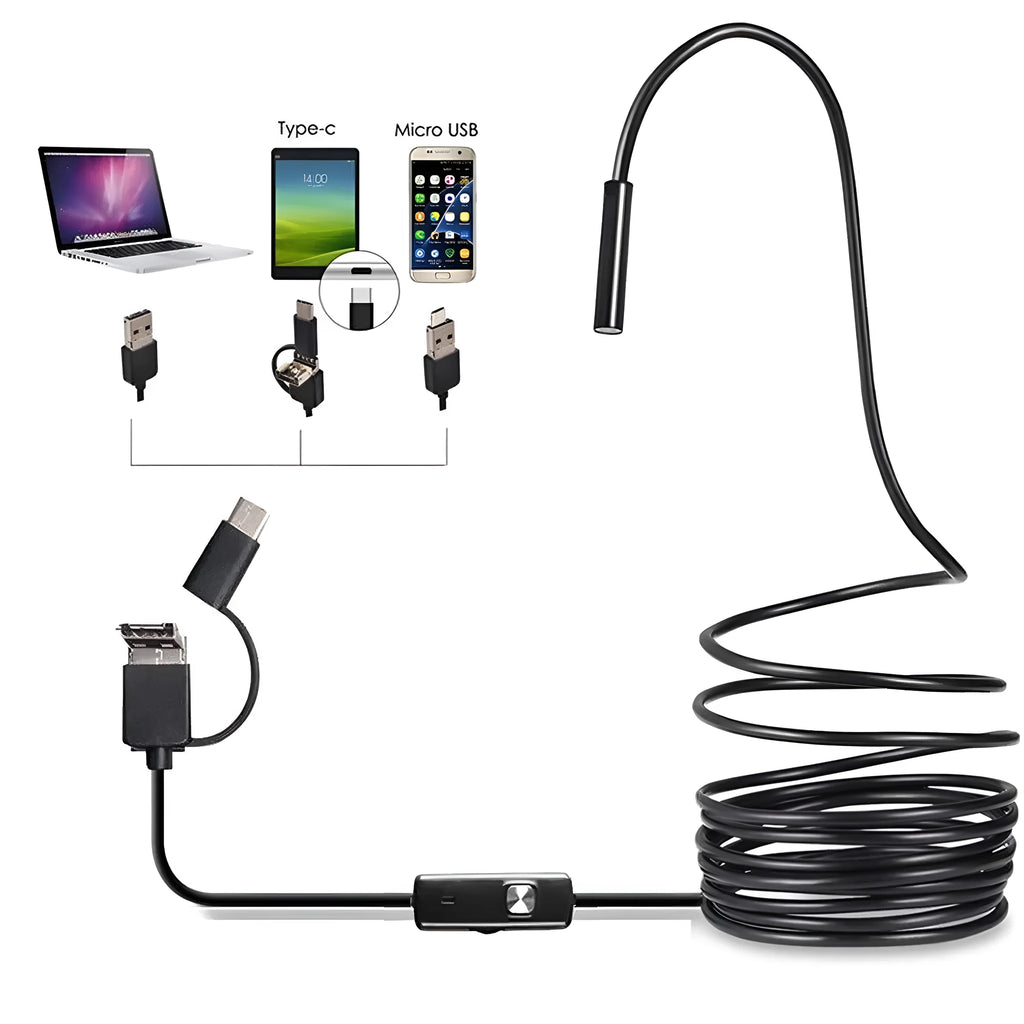 USB-C Android phone endoscope with flexible cable, side mirror, hook, and magnet attachments on a table