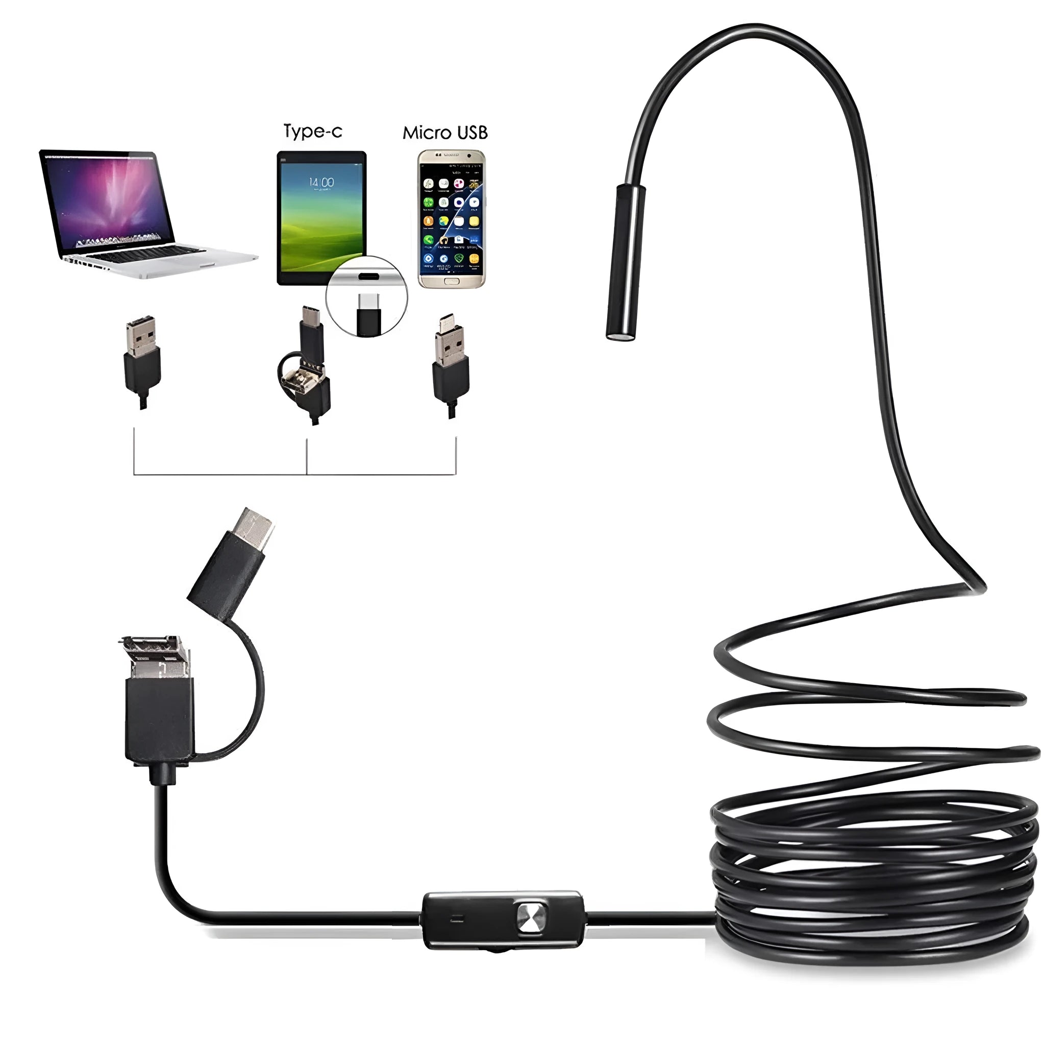USB-C Android phone endoscope with flexible cable, side mirror, hook, and magnet attachments on a table