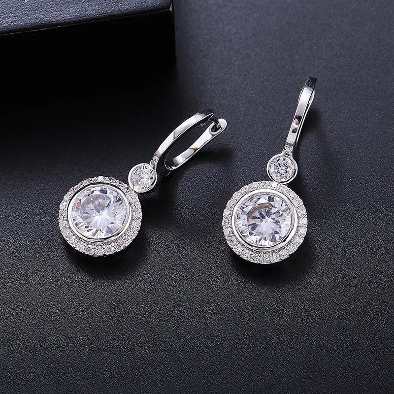 Round geometric copper micro inlay zircon stud earrings in platinum white finish