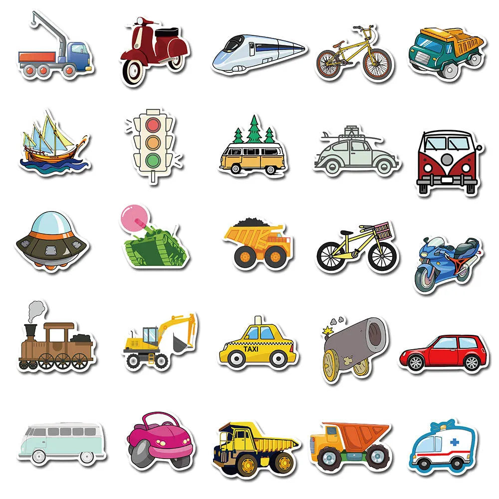 Set of cartoon vehicle graffiti stickers including an excavator, size 4-6cm, waterproof adhesive