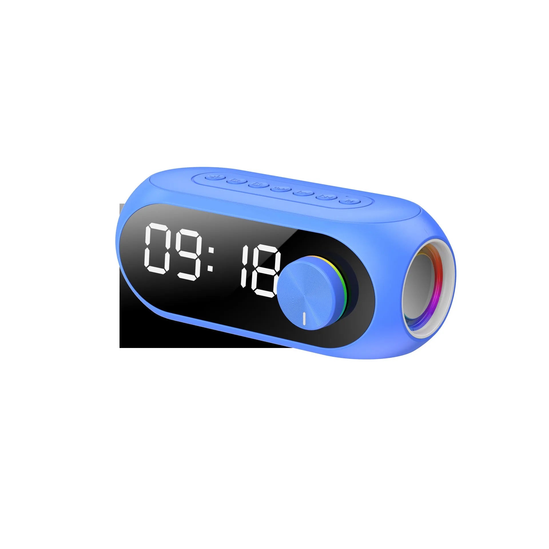 S8 Black portable mini Bluetooth speaker with extra bass and digital clock display on front.