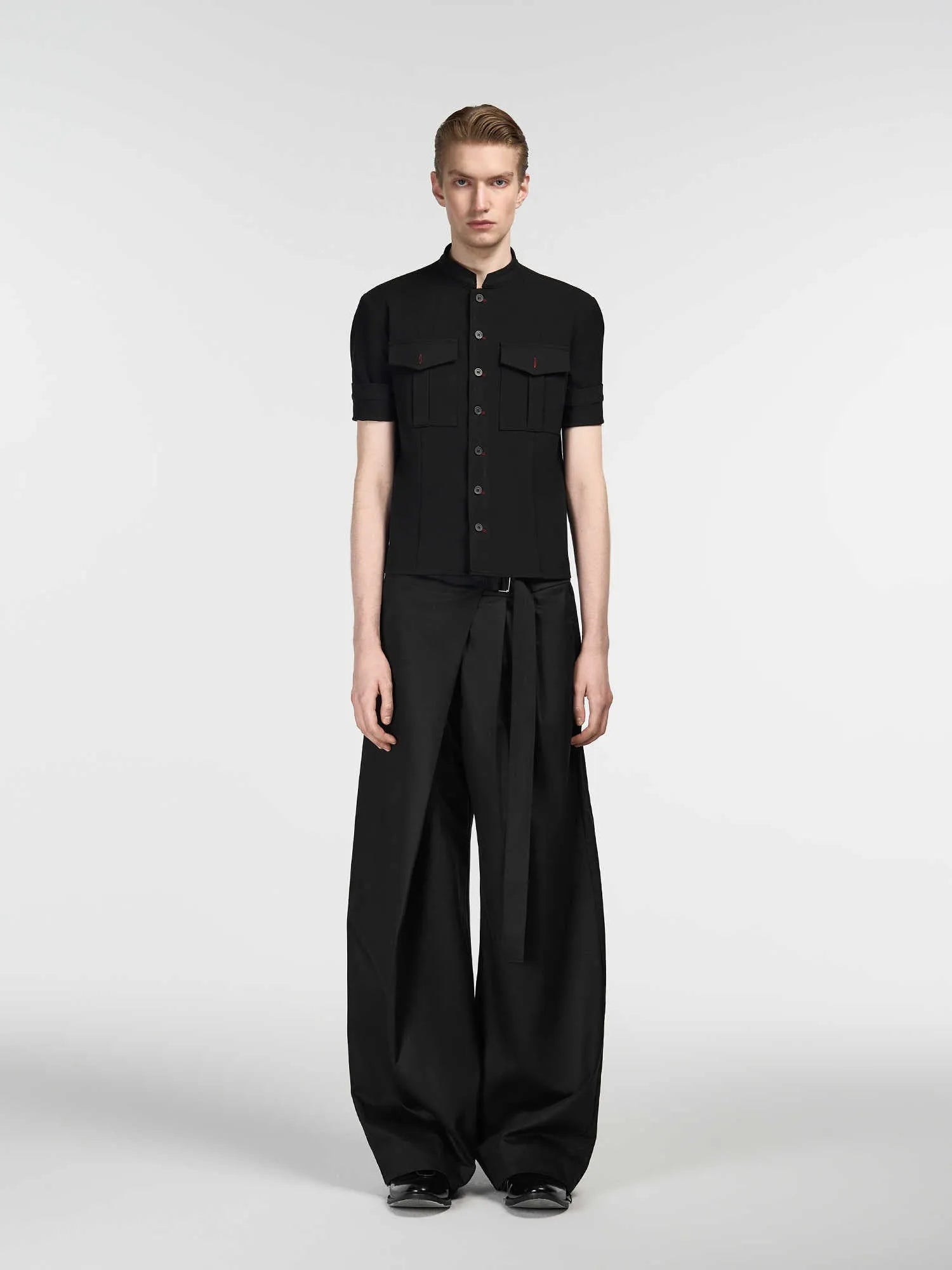 Black straight-leg trousers with adjustable waist and single pleat detailing