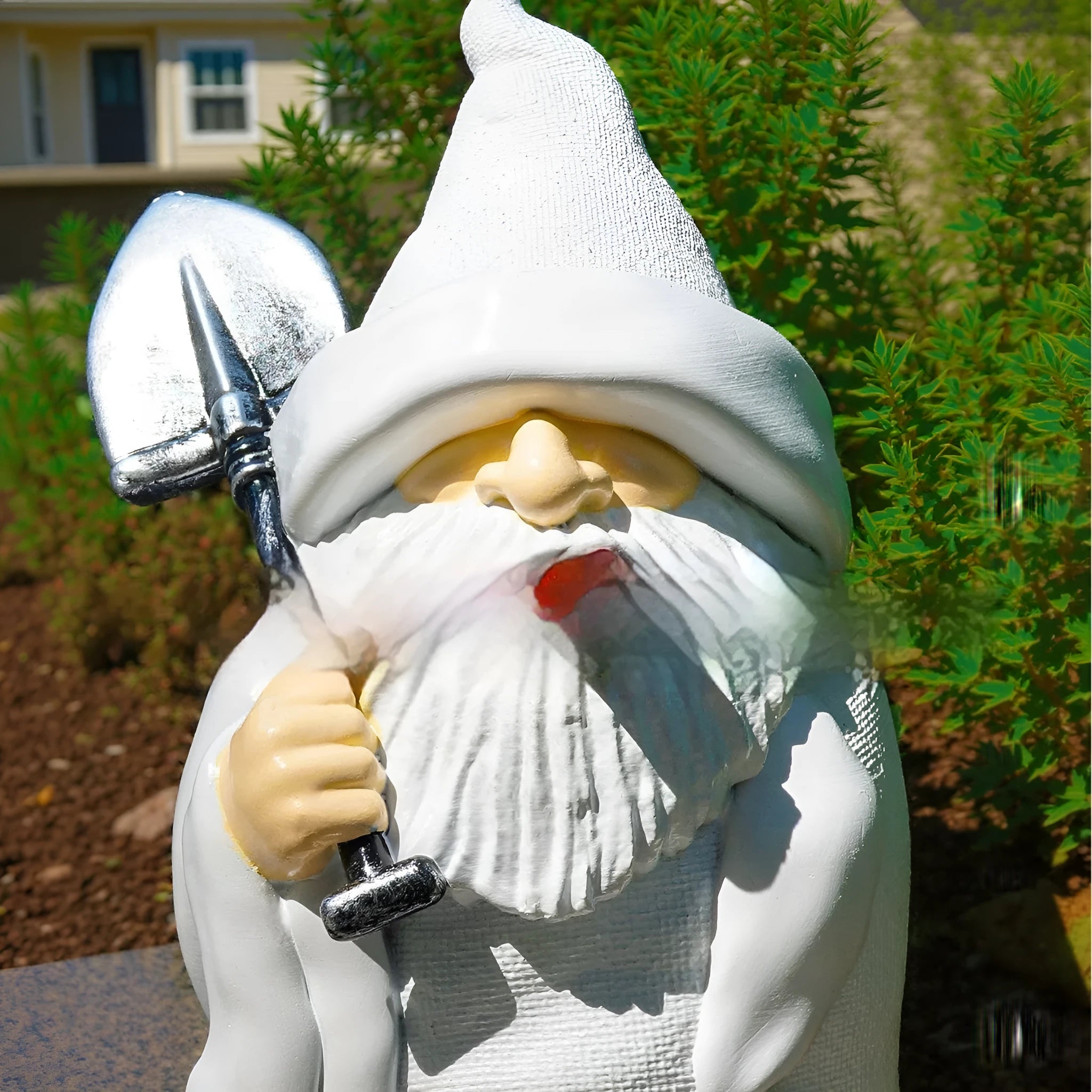 Resin Christmas ornament with dwarf figure holding smoking shovel for garden or home decoration