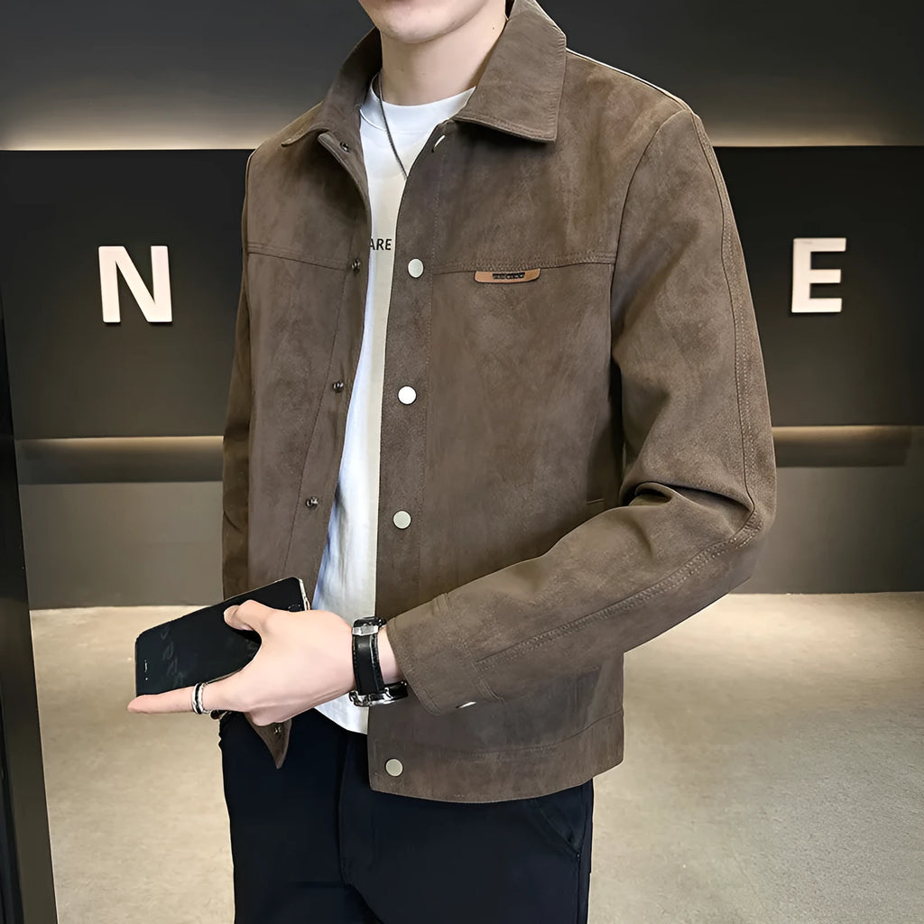 Solid colour suede lapel spring jacket for men, regular fit, long sleeves, side pockets, brown colour