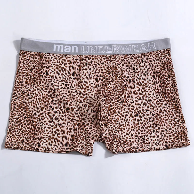 Men's leopard print underwear in polyester fabric with mid-waist design for large sizes