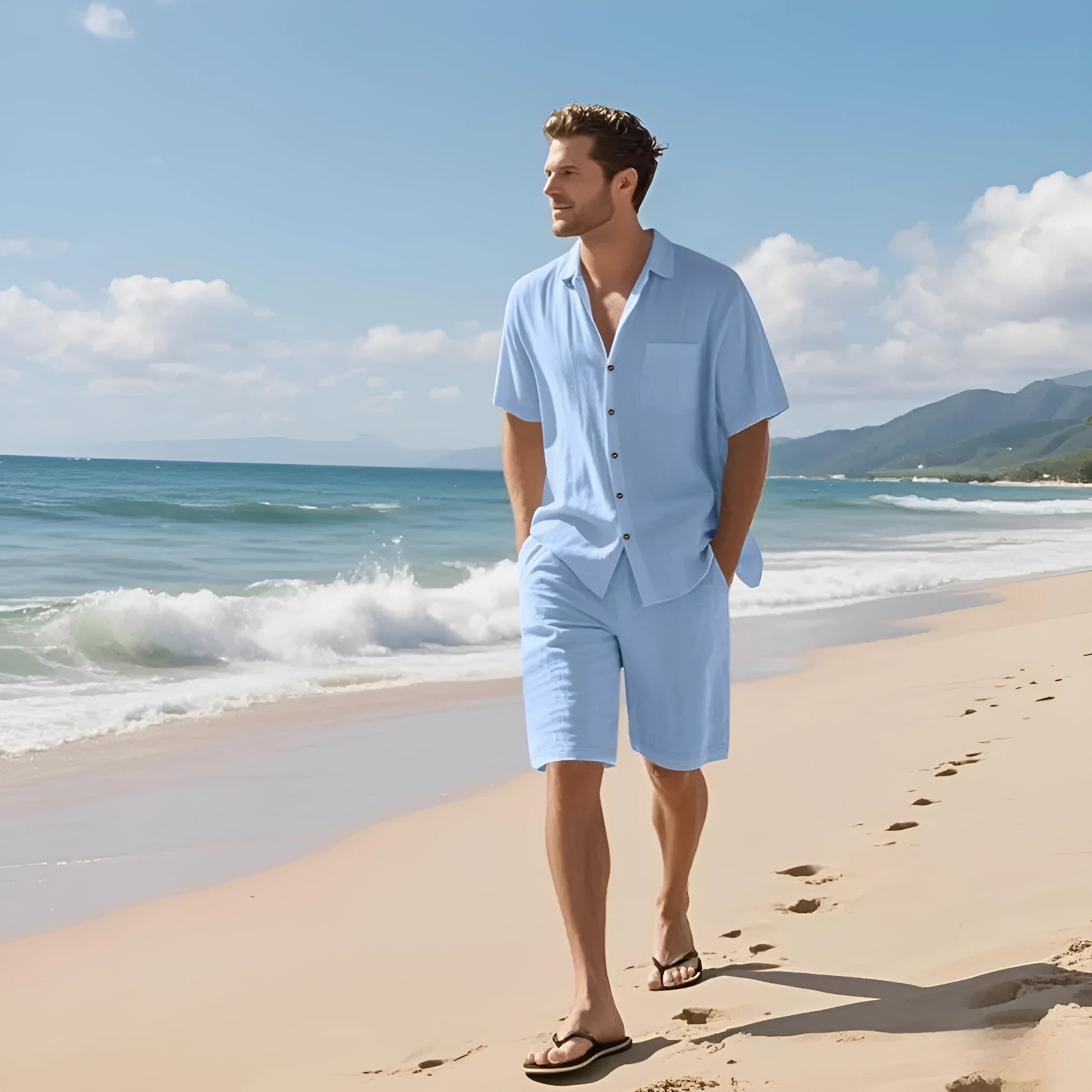 Linen short sleeve shirt and matching shorts leisure set in a neutral colour.