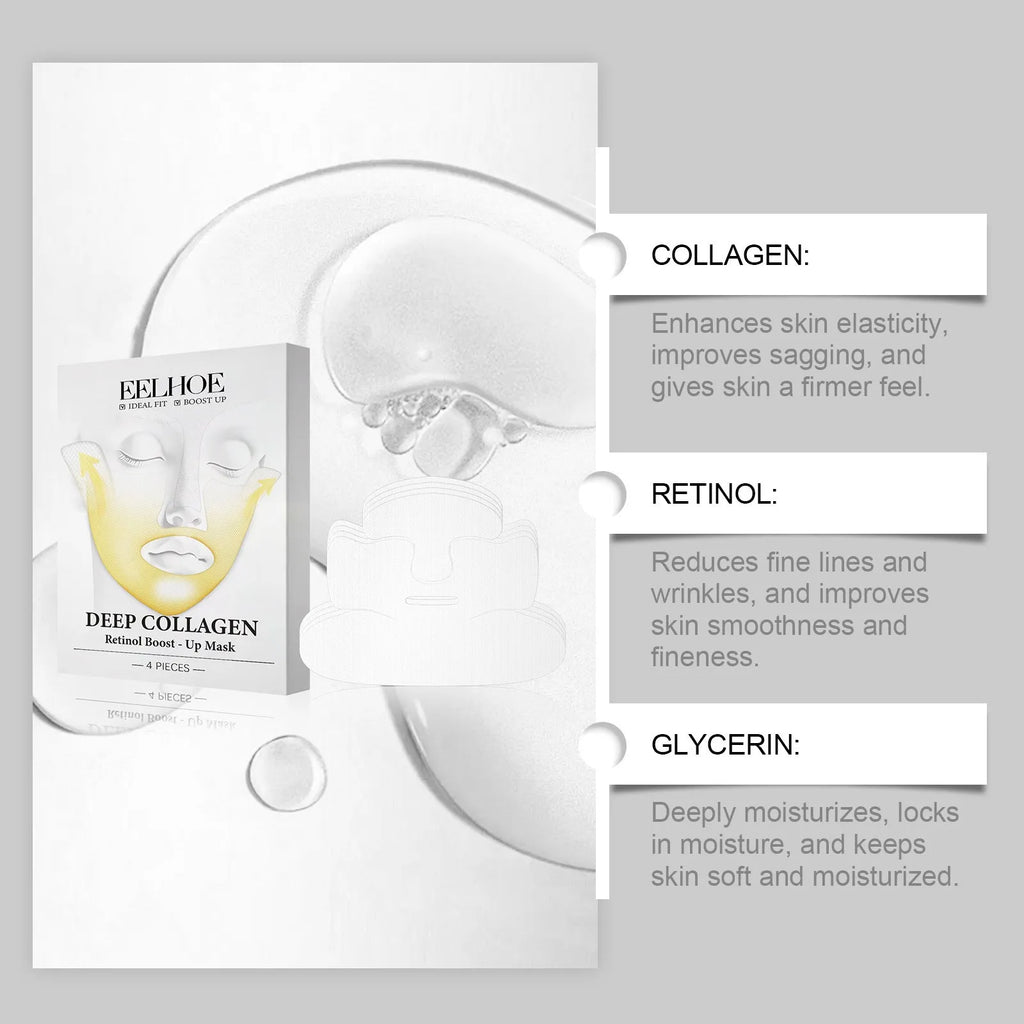 Four collagen facial sheet masks showing 23.5x16.8cm size for skincare application