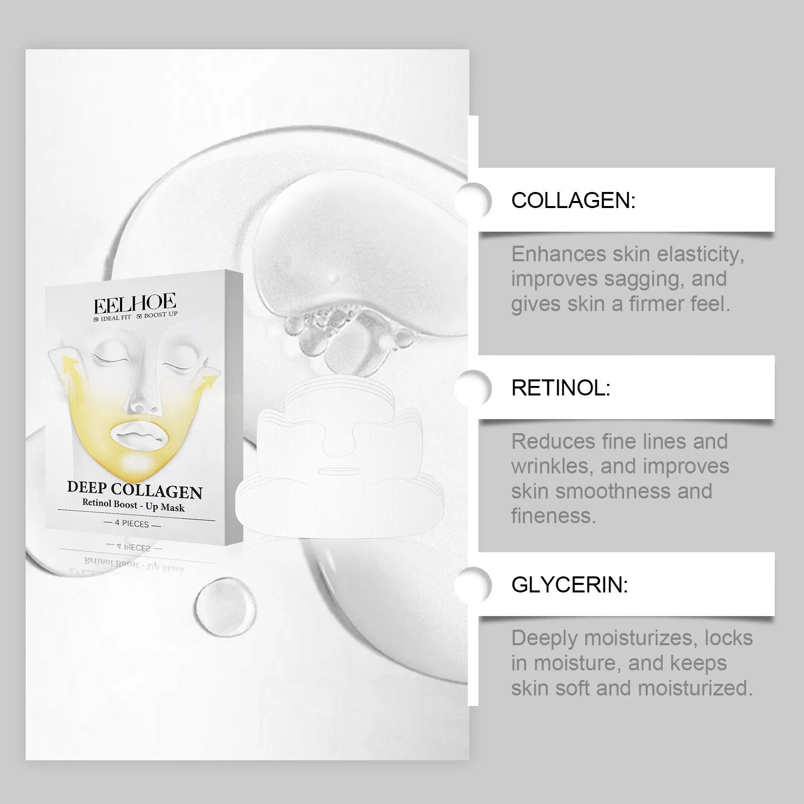 Four collagen facial sheet masks showing 23.5x16.8cm size for skincare application