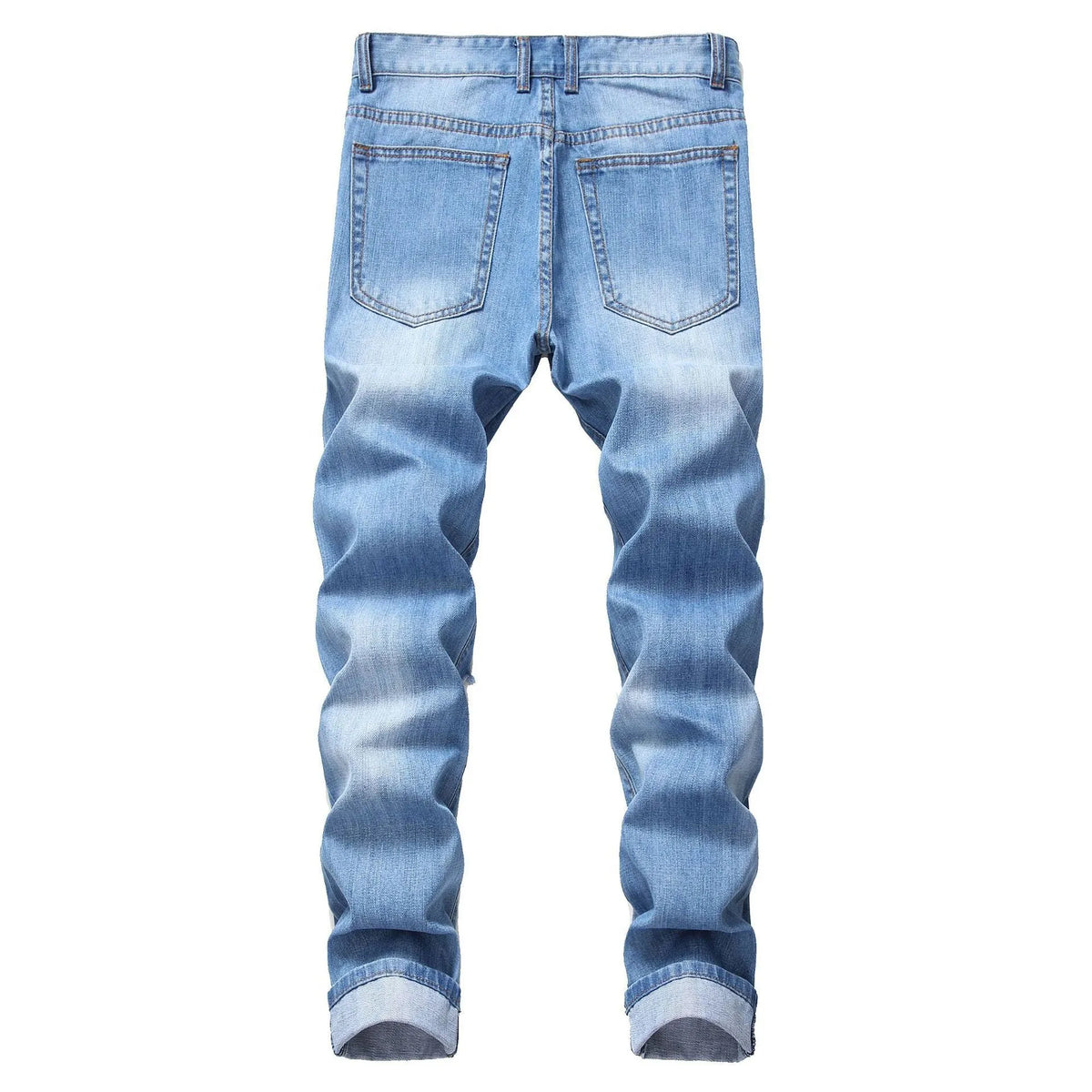 Men's ripped straight denim trousers in dark blue, mid waist, light straight leg, zip fly, sizes 28-42