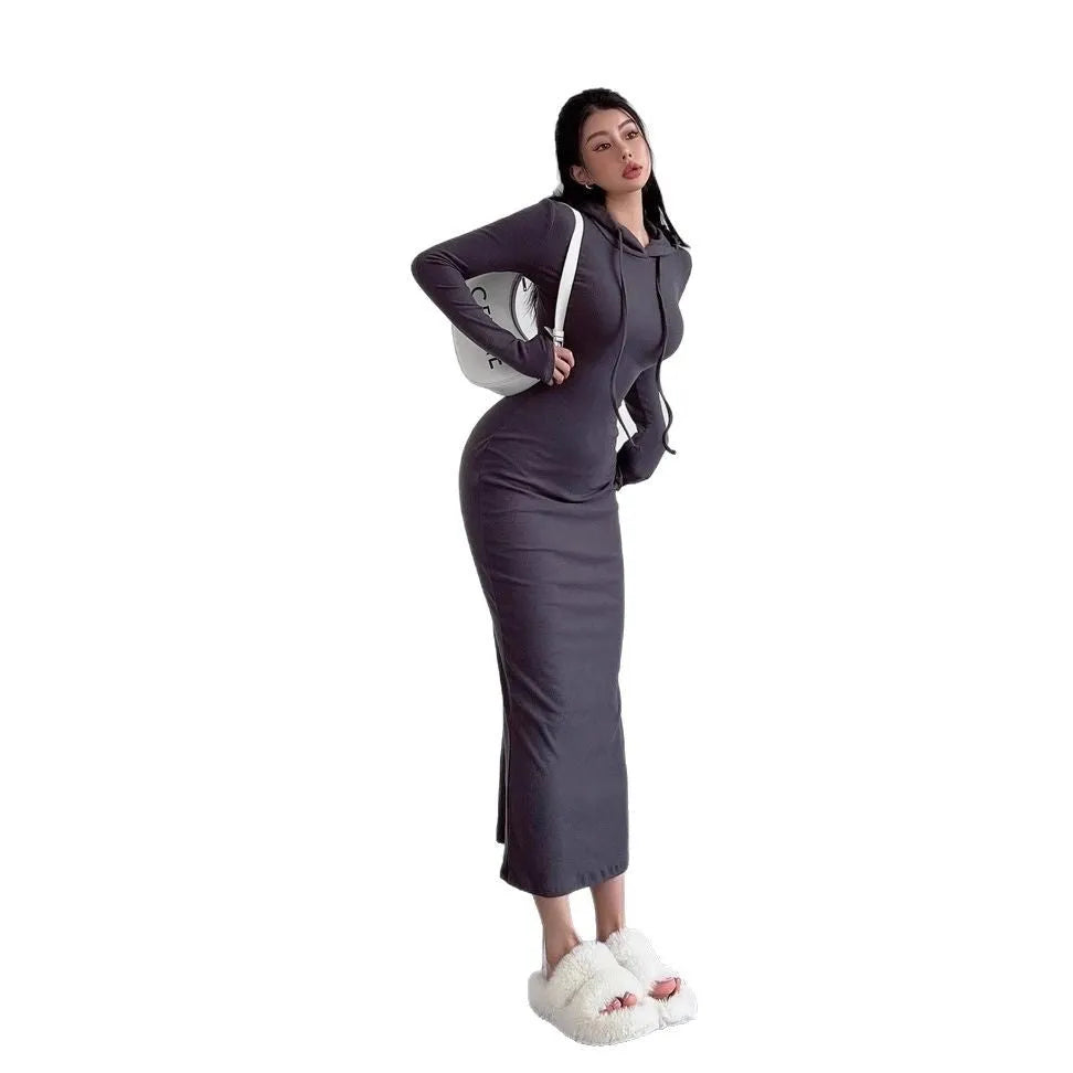 Women's long sleeve hooded sheath dress in grey shown at knee length