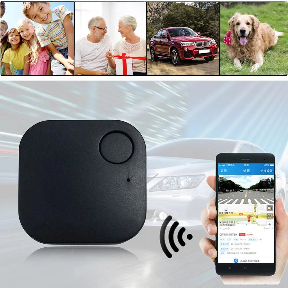Square anti-lost device in black silk finish with ABS casing on a white background