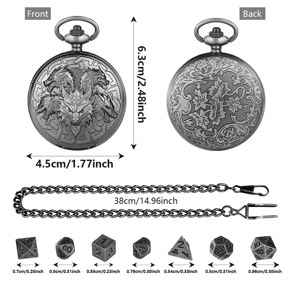 Retro pocket watch shaped zinc alloy dice set with seven polyhedral dice in bronze finish