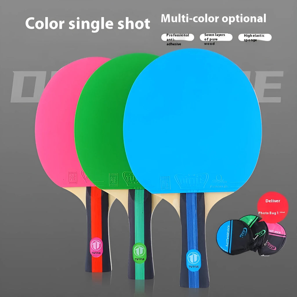 Blue, green, and pink professional table tennis rackets with long shakehand handles and matching carry bags.