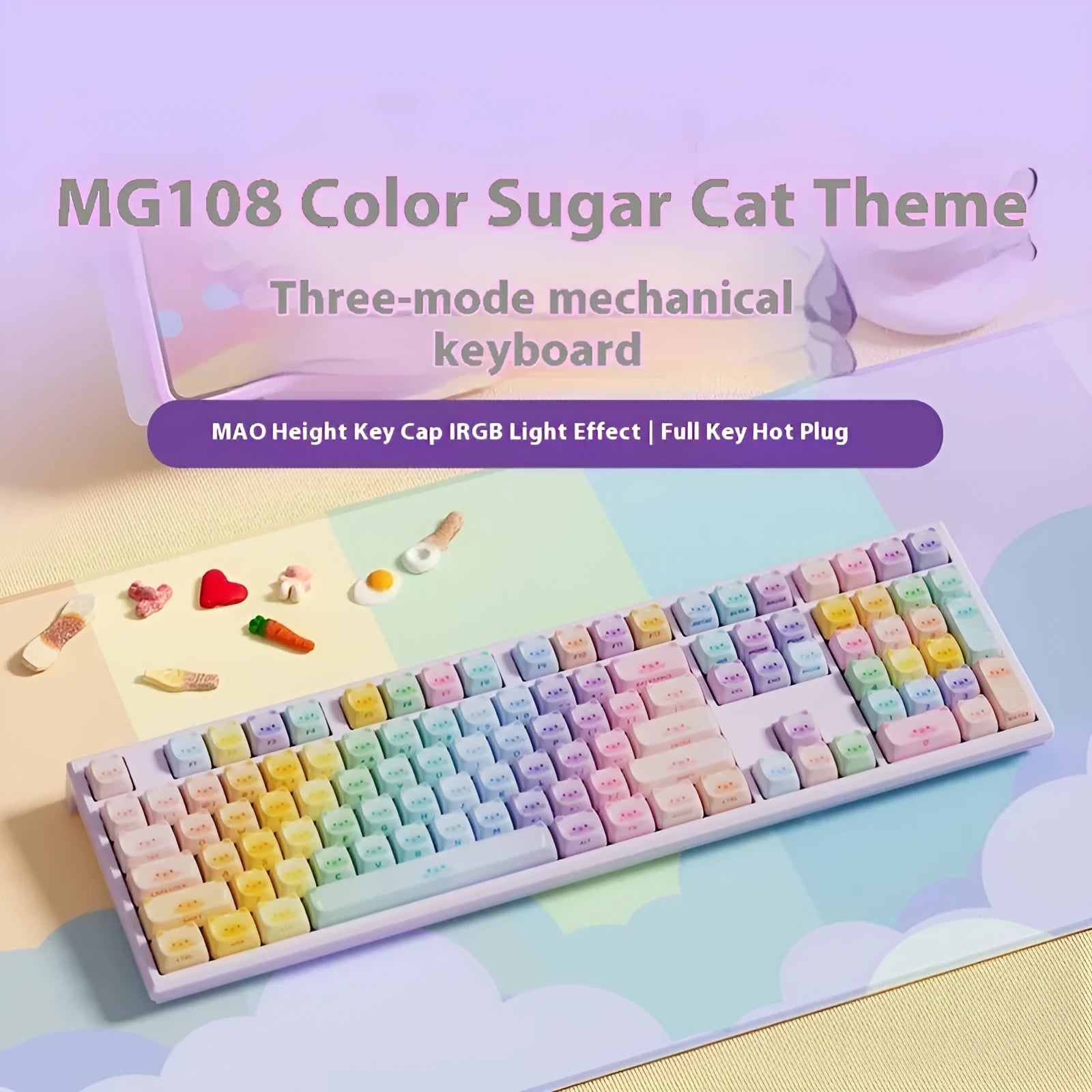 Colourful Sugar Cat mechanical keyboard with Bluetooth connectivity and piano shaft switches
