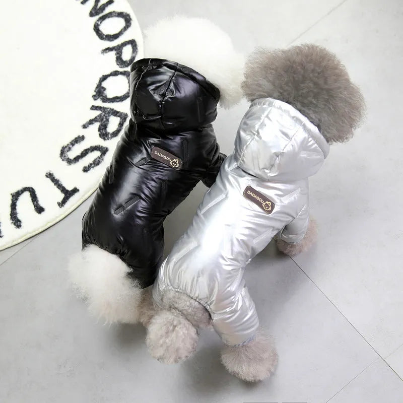 Pet dog waterproof autumn winter padded jacket in black cotton four-legged coat on white background