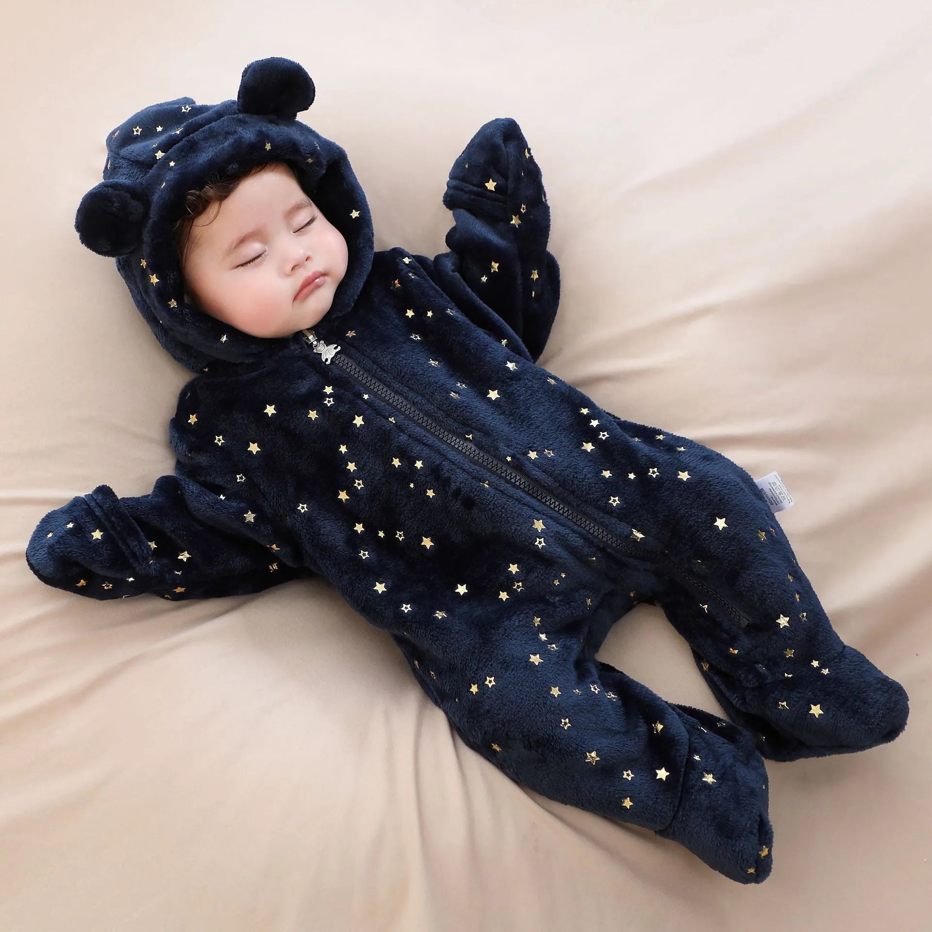 Fleece-lined flannel baby jumpsuit in dark blue, suitable for 50-80cm height