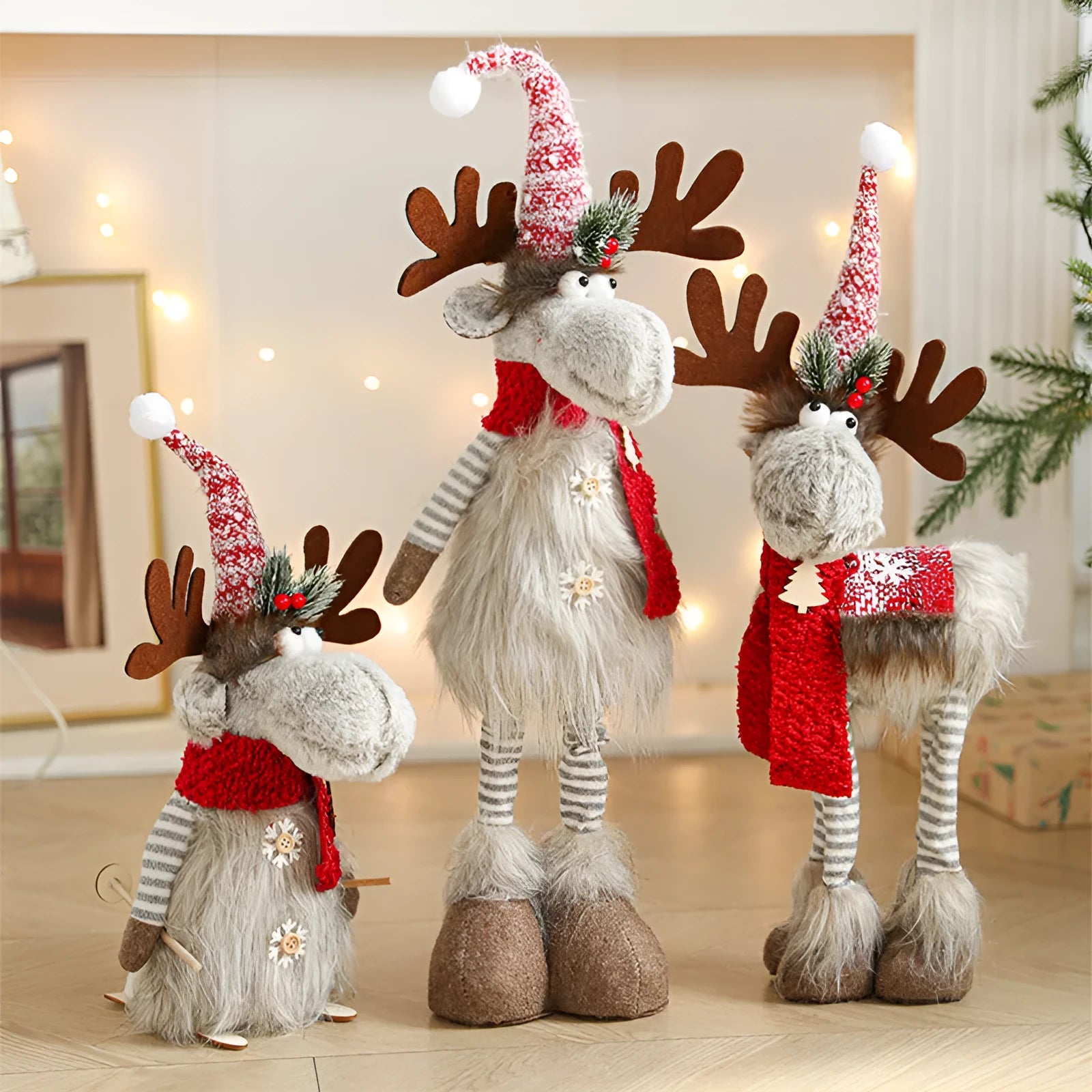 Cartoon plush elk decoration in gray colour with retractable design for Christmas home decor made from cloth