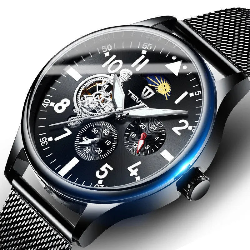 Men's black mechanical watch with moon phase indicator on a 41mm alloy case.