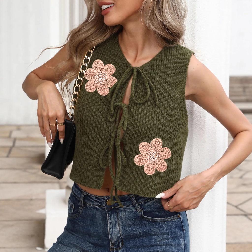 Women's sleeveless lace-up cardigan vest in deer plush fabric with bow detail and apricot flowers