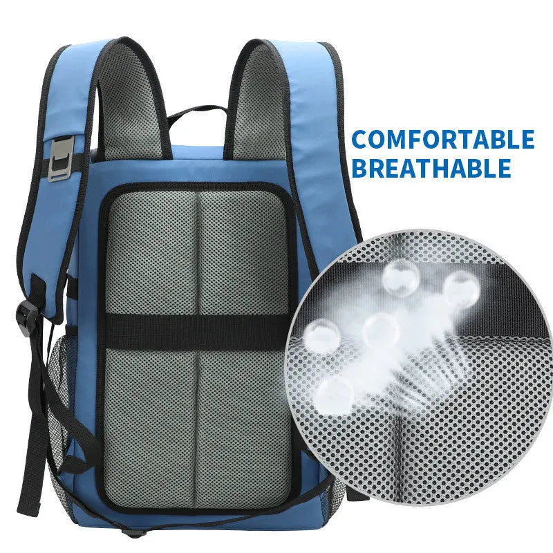 Black insulated 20L cloth backpack with a mounted shoulder bag featuring a bottle opener.