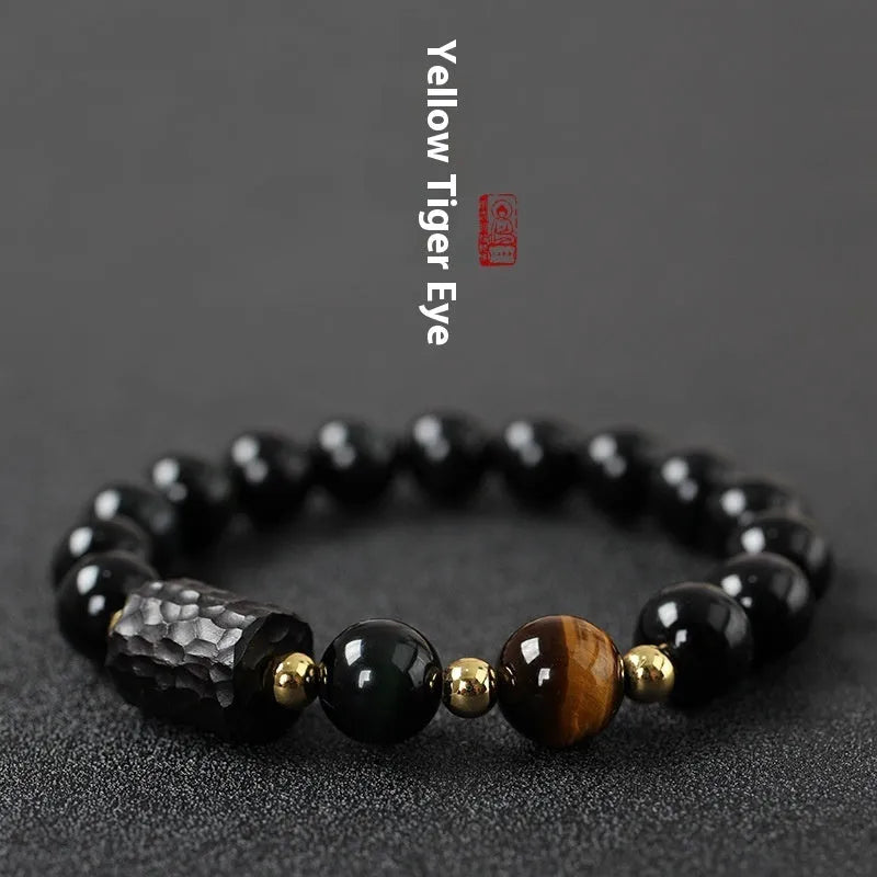 Obsidian bracelet with 10mm tiger eye beads in retro circle style for unisex couple jewellery