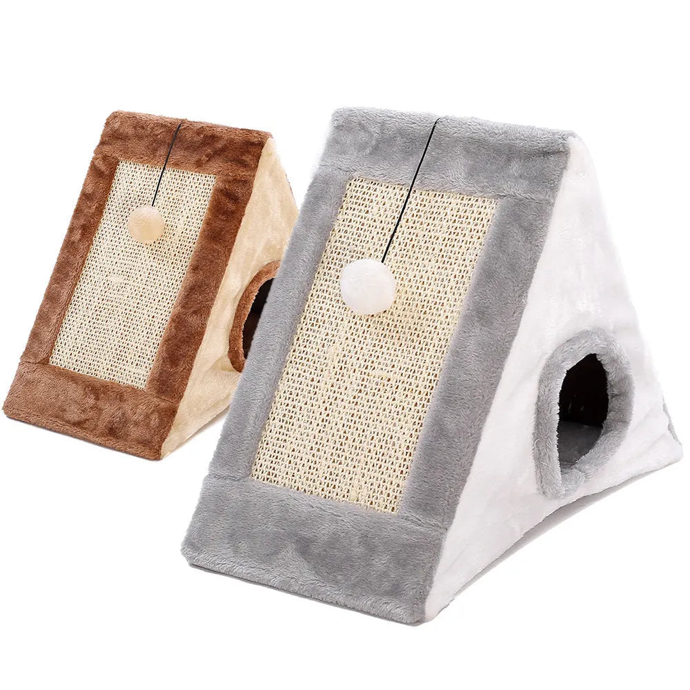 Triangular cat bed cage with sisal scratching surface in grey and white colour